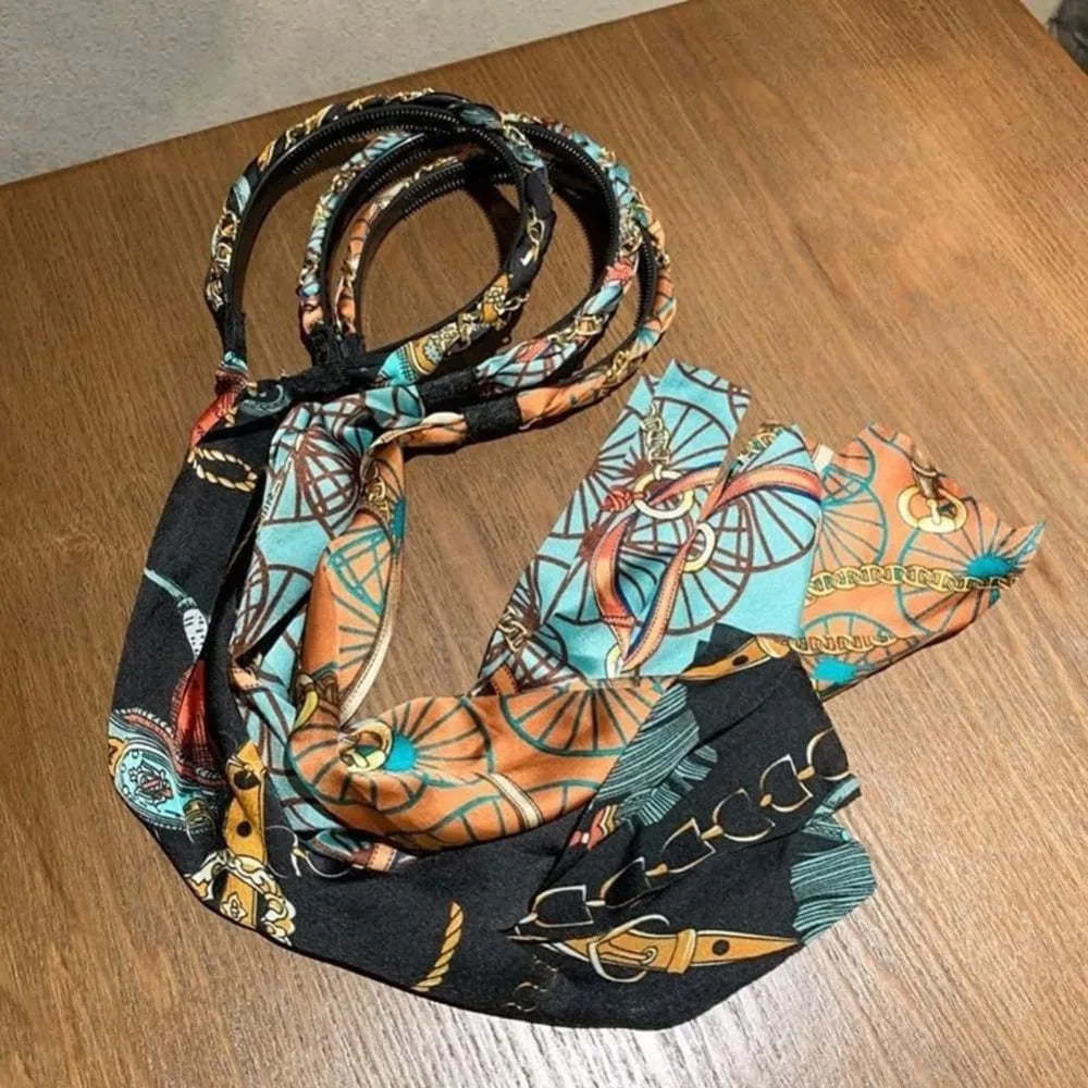 Retro Silk Scarf Headband Floral Print Pearl Braided Hairband Adjustable Bow Non Slip Ribbon Hairband for Women Girls Kid
