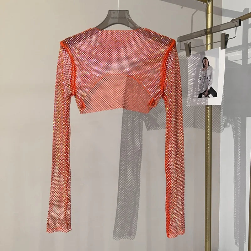 2023 new sexy bright diamond short top Slim thin Ms. hot drill long-sleeved T-shirt sexy leak waist nightclub Orange One Size