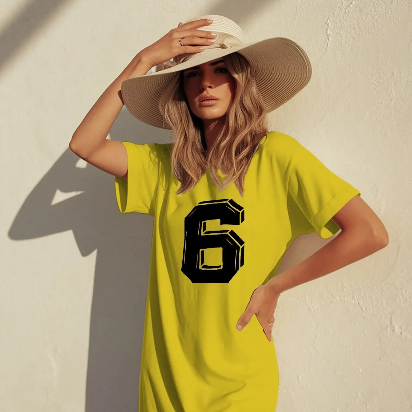Plus Size Lucky Number 6 Women's Vibrant T-Shirt Dress with Bold White '6' Printed Casual Round Neck Short Sleeve Summer Dress CDXQ-54