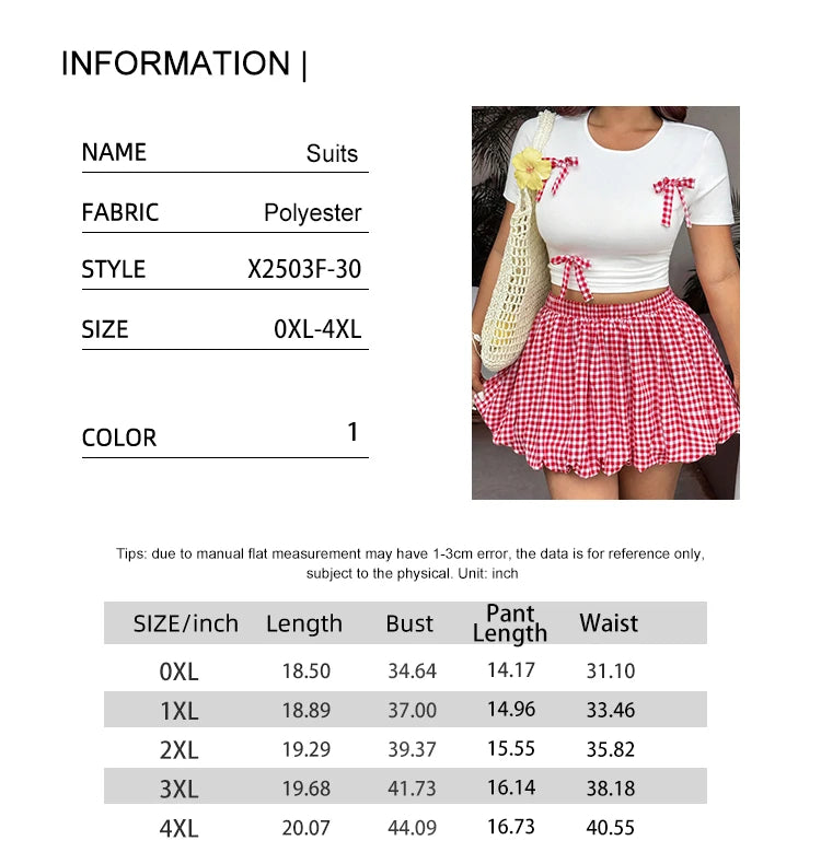 Plus size vacation spring and summer Spice Girls Plaid Butterfly Knot Short Sleeve Pod Skirt Slim Set Fashion