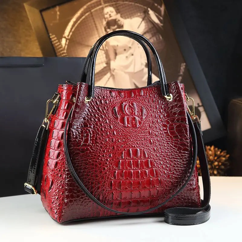 Genuine Leather Women Handbags New Tote Bag Fashion Crocodile Print Bucket Bag Retro Shoulder Messenger Bags Trend 2025 Red