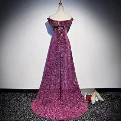 2025 New Women's Sparkling Purple Skirt One Shoulder Small Tail Evening Dress Fashionable Slimming Banquet Host Dress Badiee Stylez