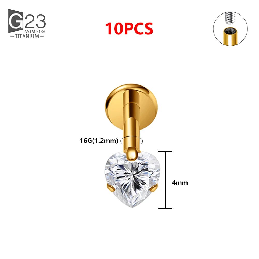 1/10PCS ASTM F136 Titanium 16G Heart CZ Threaded Labret 3mm/4mm CZ Cartilage Tragus Helix Nose Stud Piercing Jewelry 10Pc Gold 4mm CZ