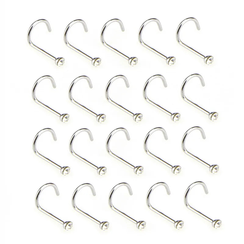 20pcs/lot Stainless Steel Crystal Rhinestone Nose Studs Hooks Bar Pin Nose Rings Body Piercing Jewelry For Women white