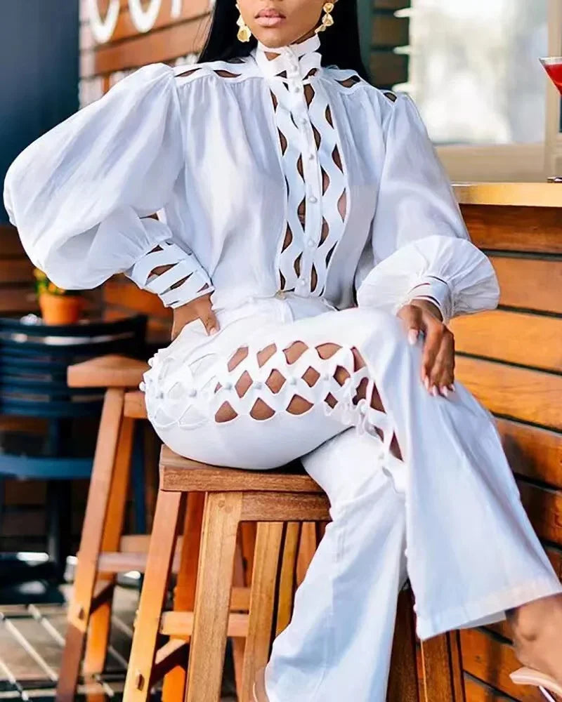 2 Piece Set Women Plus Size Hollow Out Sexy Young Daily Soft Full Sleeve Fashion Pants Wide Leg Wholesale Dropshipping