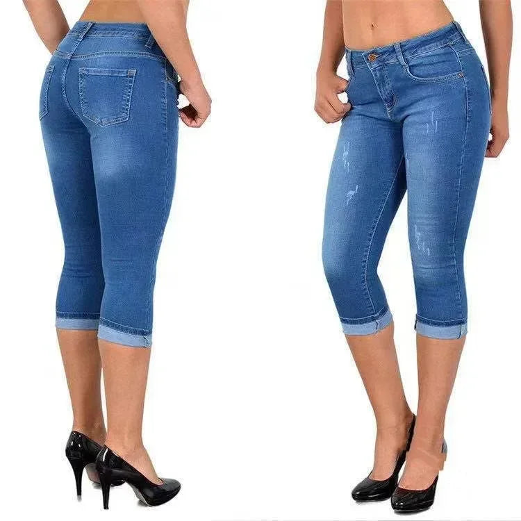 2025 Women's Summer Skinny Denim Pants Jeans Mid Waist Stretch Capri Pants Knee Length Trousers Black Blue Ladies Pencil Pants Light blue