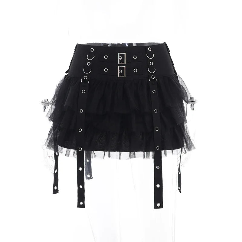 Y2K Street Dark Devil Cloth Strip Pleated Skirt Metallic Buckling Lace Layer Cake Short Skirt Women‘s High-end Design Sex Skirt Black