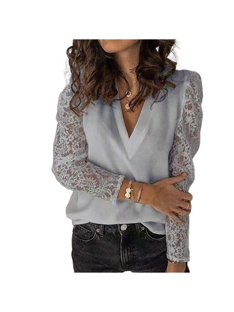 2021 Elegant Blouses Women Lace Tops Chic Women's Blouses Fashion Size Woman Shirt V Neck Women Tops and Blouse