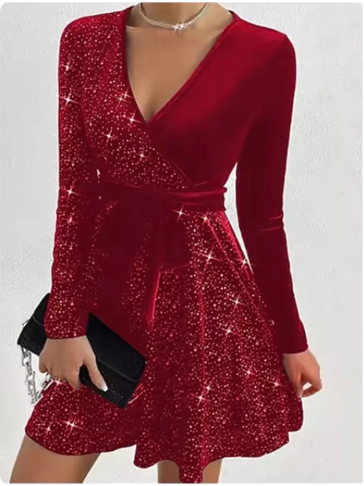 Women's V-neck Sexy Long Sleeved Sequined Solid Color Dress High Street Fashion Elegant Party Evening Dresses Badiee Stylez
