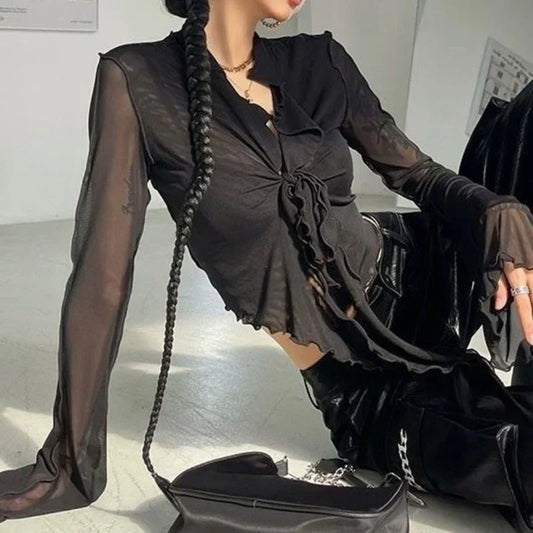 Long Flare Sleeve Sexy Sweet Hot Girls Korean Blouses for Women Lace-up Mesh Fashion Style All-match Solid Design Elegant Casual