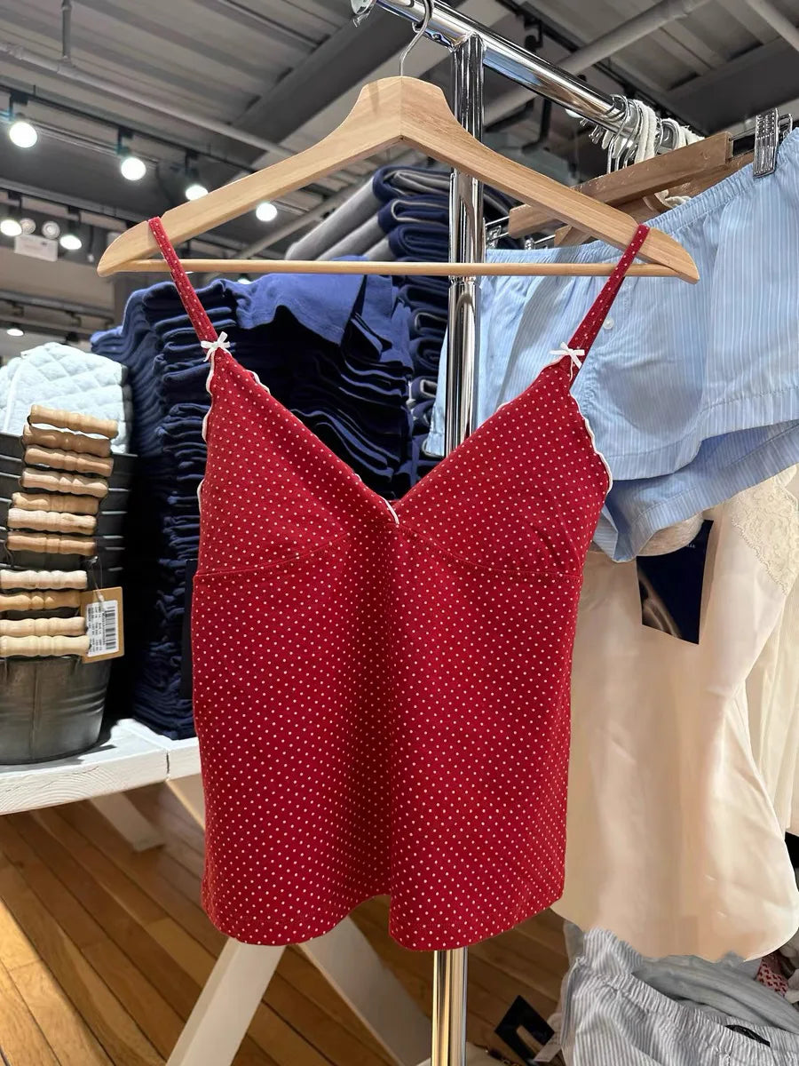 Floral Print Bow V Neck Camis Women Chic Lace Trim Sleeveless Slim Crop Tops Vest Sweet Casual Fashion Raw Hem Tank Top Y2k New Dot red One Size
