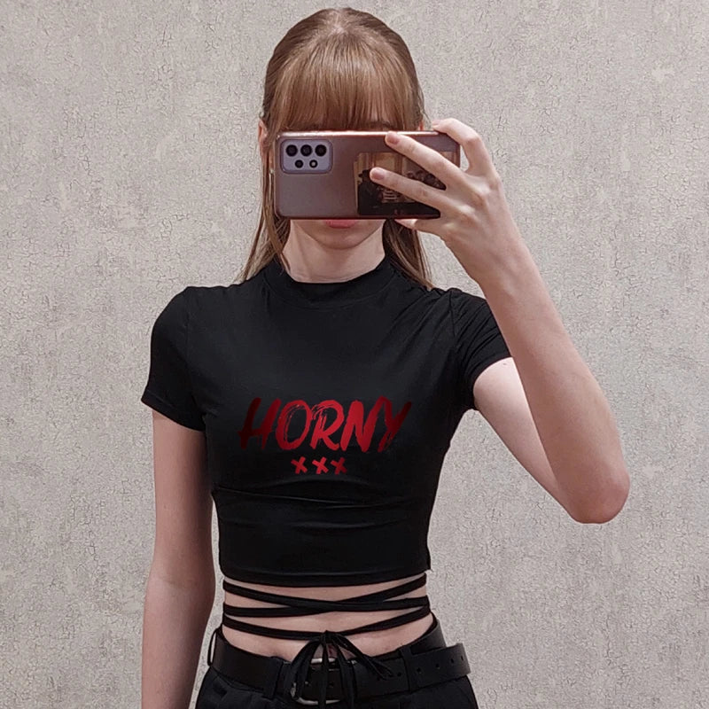 HORNY Sexy TShirt Women Black Short Crop Bandage Tee Tops Summer Fashion Girls Casual Short Sleeve Female Shirt Harajuku