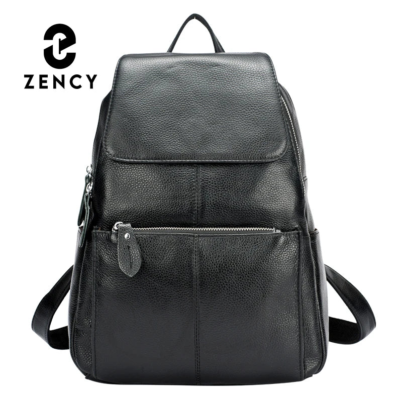 Zency Genuine Leather Women Backpack High Quality Large Capacity Travel Bag Knapsack Schoolbag Shoulder For Ladies Beige Black