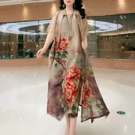 Commute Floral Printed Matching Sets Two Piece Set Casual Round Neck Spring Summer Female Fashion Irregular Hem Long Dress Sets