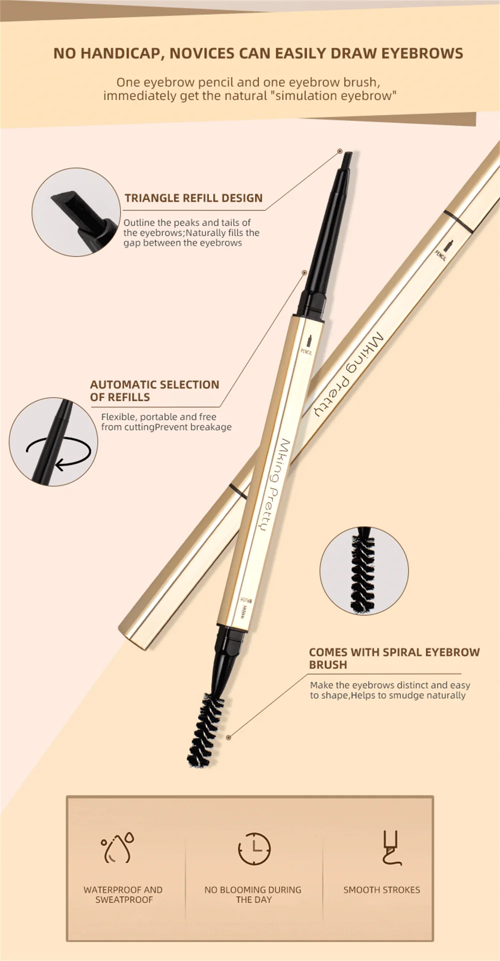 Makeup for Women Waterproof Eyebrow Enhancer Pen with Double Head Pencil and Brush Long Lasting Eye Brow Cosmetics Easy to Wear