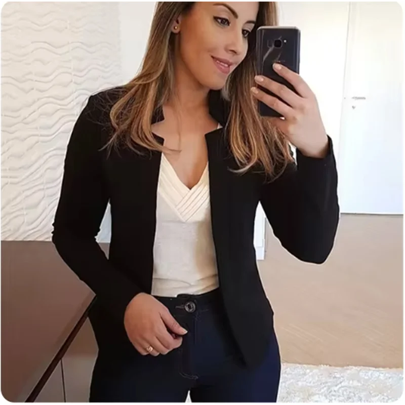 Cardigan Solid Color Long Sleeved Women's Elegant Suit Jacket Daily Office Fashion Street Autumn Slim Fit Top Black