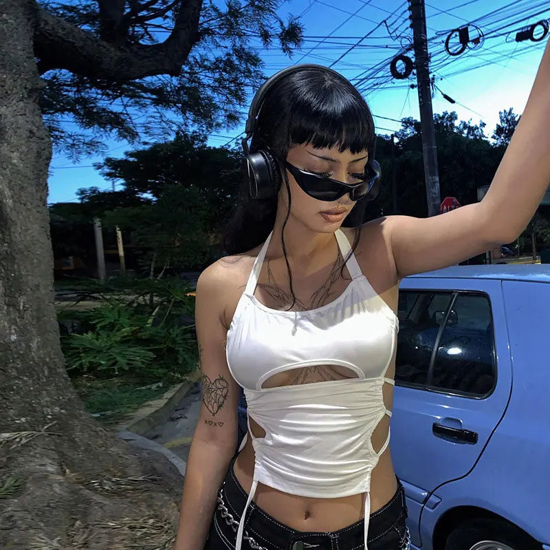 Y2K Sexy Backless Summer Crop Top Women Hollow Out White Sleeveless Bandage Halter Tank Tops Streetwear Cami 90s WHITE