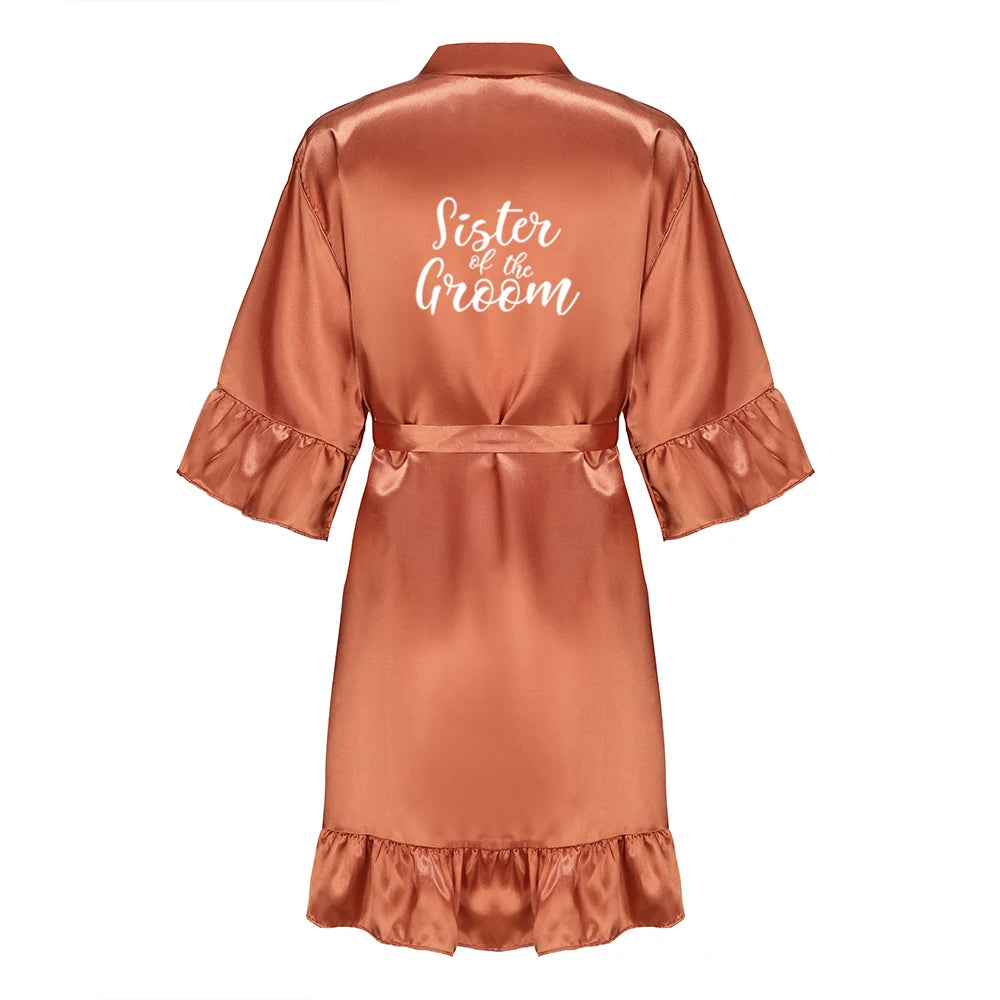 Wedding Bride Bridesmaid Robes for Women Bridal Party Gifts Team Dress Gown Silk Satin Sleepwear Kimono With Ruffle White Letter As the photo show 2