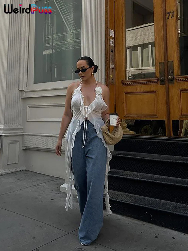 Weird Puss Ruffles Flowers Tank Tops Women Mesh Summer Sexy Deep V-Neck Irregular Tassel Halter Backless Camisole Wild Street