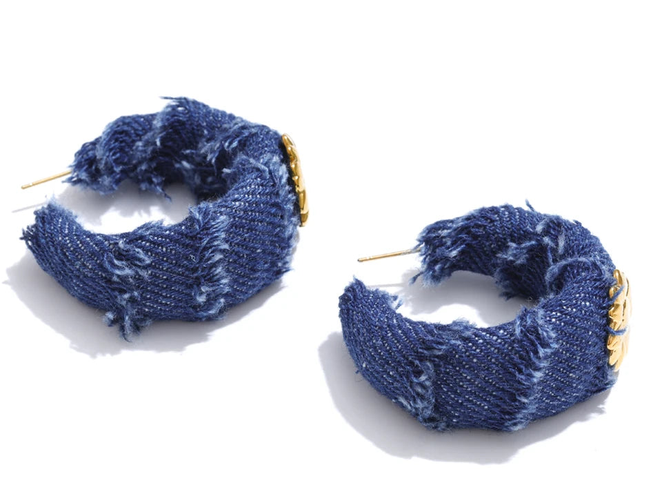 Yhpup Creative Blue Denim Flower C Shape Hoop Earrings Women Stainless Steel Popular Jewelry Autumn & Winter New 2025 Wholesale