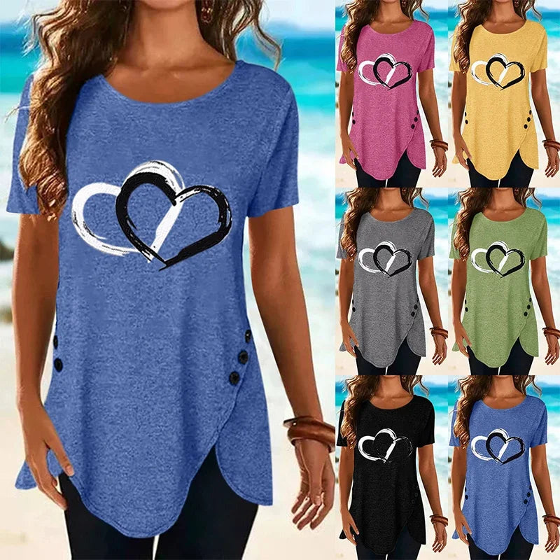 Women's Short-sleeve Heart Printed T-shirt Summer Casual Loose Long Top Tee Shirt Clothing Fashion T Shirt Streewear Oversized
