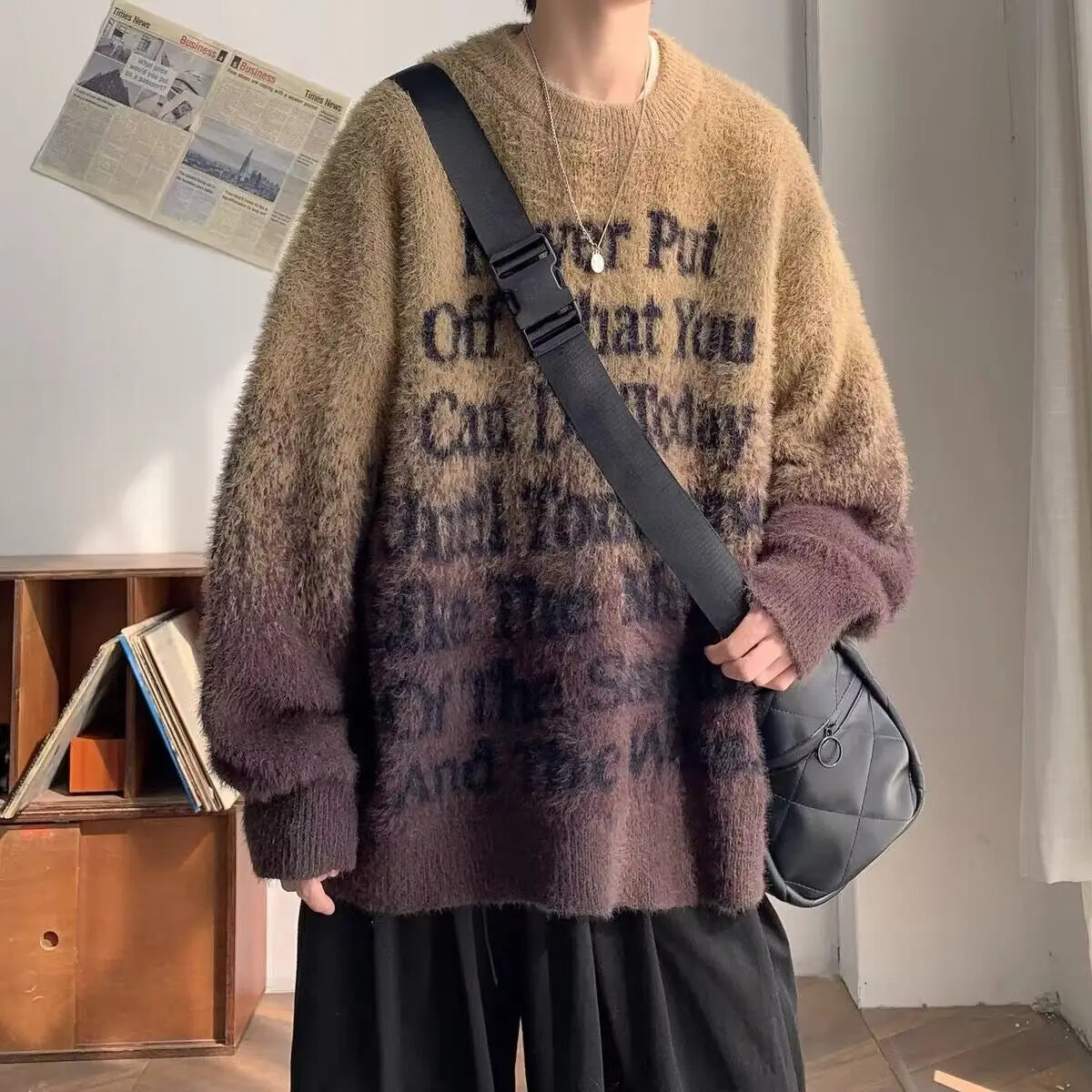 Gradient Letters Retro Sweater Men's Autumn Winter Loose Fashion Brand Handsome Clothes American Trendy Lazy Style Knitted Badiee Stylez