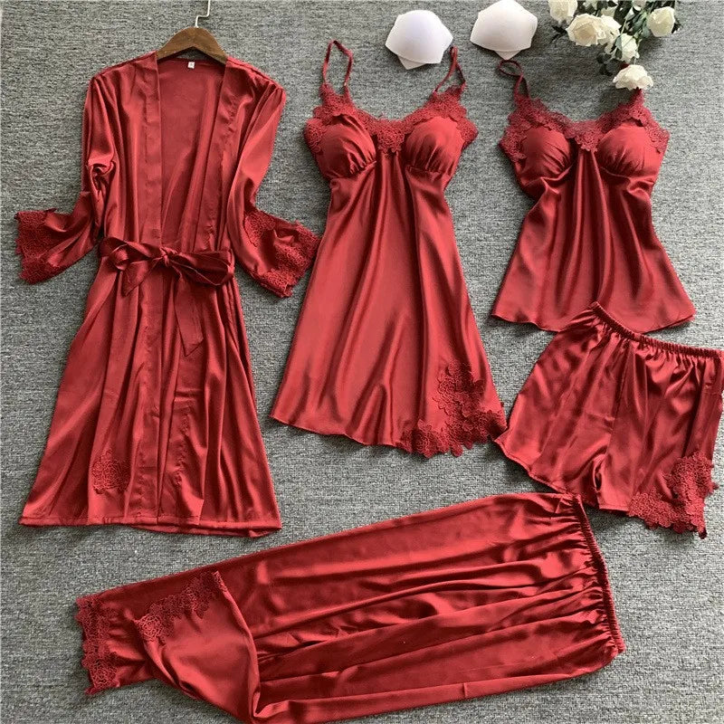 Pajamas Five Piece Set Sexy Lace Trim Nightgown Nightwear Spring Summer Women Bath Robe Loose Silk Satin Home Wear Pijamas Suit Burgundy 5PCS B