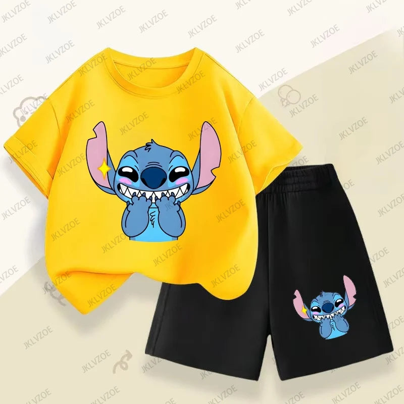 MINISO Summer New Disney Stitch Print Women's and Men's Casual Suit Cotton Short Sleeve Tshirt Shorts Sets 2 Piece Outfits TZ0428156-JCS