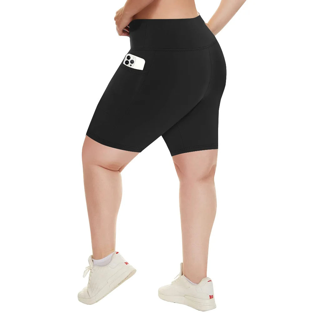 Plus Size Fit Yoga Shorts for Women's High Waist Side Pocket Workout Running Tight Stretchy Athletic Summer Fashion Slim Shorts