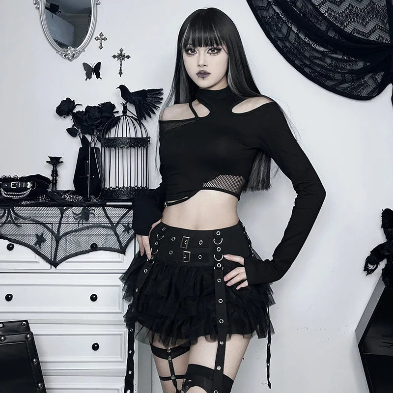 Y2K Street Dark Devil Cloth Strip Pleated Skirt Metallic Buckling Lace Layer Cake Short Skirt Women‘s High-end Design Sex Skirt