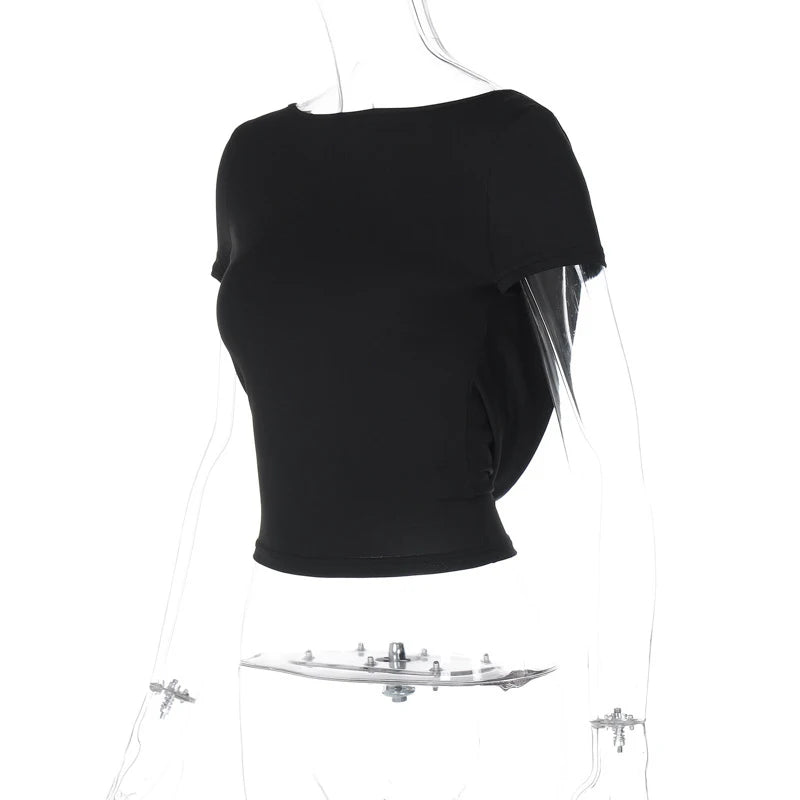 O Neck Short Sleeve Backless Ruched Crop Top Women'S Tshirt Y2K Streetwear Summer Spring Dropshipping Casual Clothing