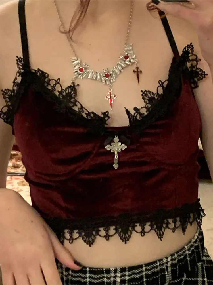Velvet Mall Goth Crop Tops Black Lace Trim Emo Alternative Aesthetic Crop Tops Women Backless Sexy Strap Tanks Red