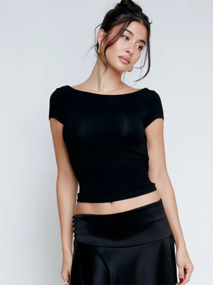O Neck Short Sleeve Backless Ruched Crop Top Women'S Tshirt Y2K Streetwear Summer Spring Dropshipping Casual Clothing