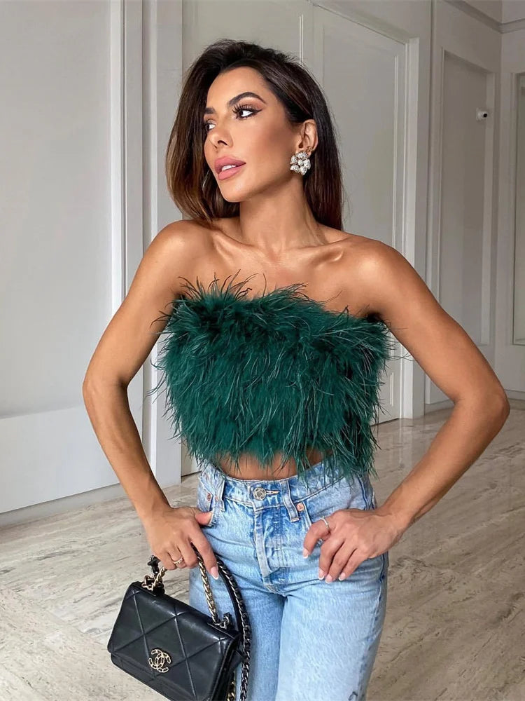 WESAYNB Wholesale Clothing Summer y2k Clothes Sexy Corset Tops Feather Strapless White Crop Tops Women 2022 Backless Design Top green