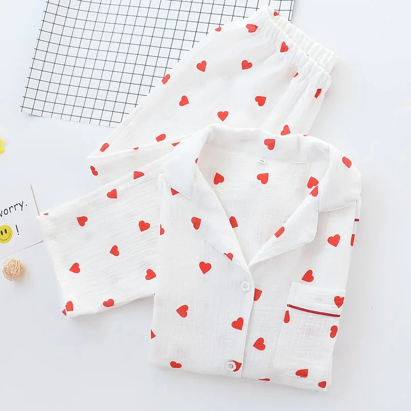 Japanese style spring, summer and autumn new ladies cotton gauze home service suit long-sleeved trousers cute cartoon suit women white heart