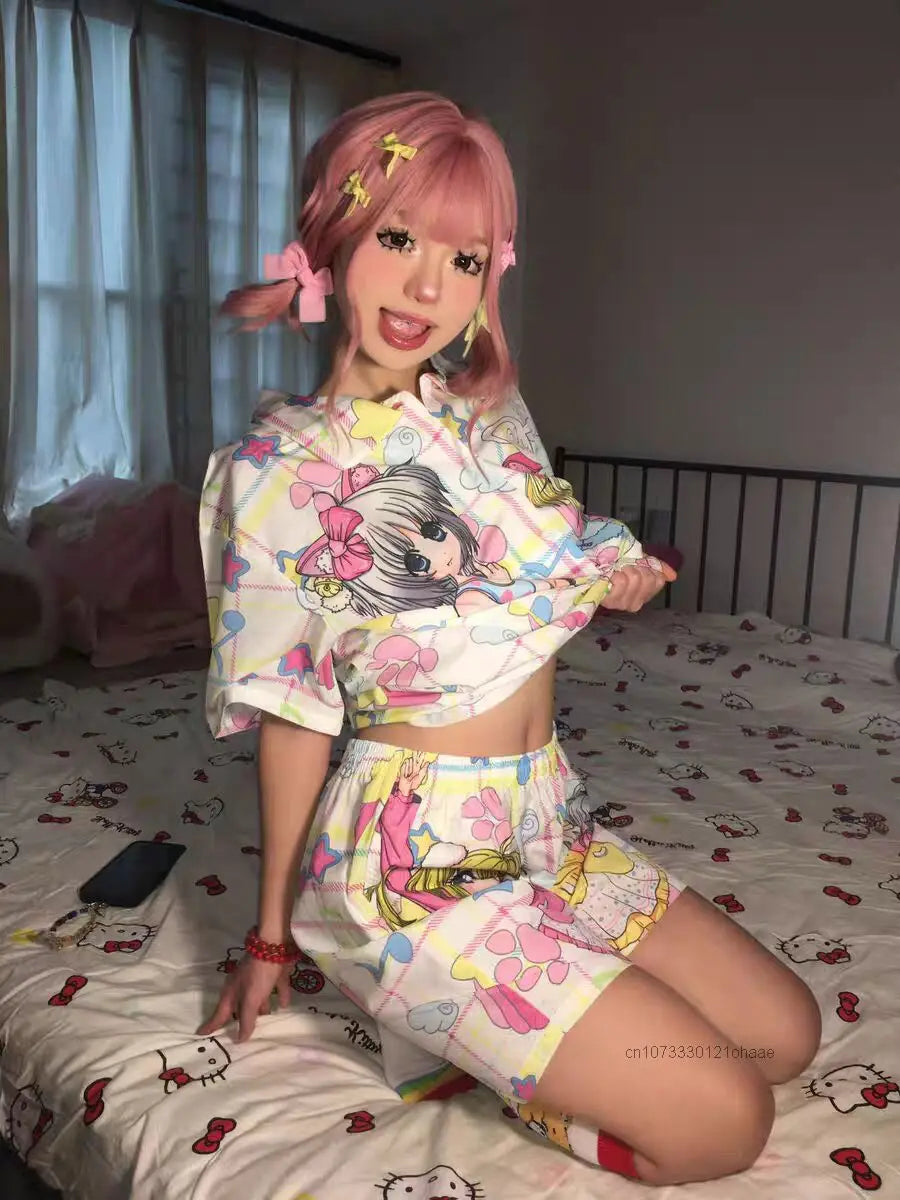Sweet Soft Y2k Girl Fashion Anime Sleepwear Women's Summer New Cute Cartoon Thin Home Set Japanese Style Harajuku Kawaii Pajamas
