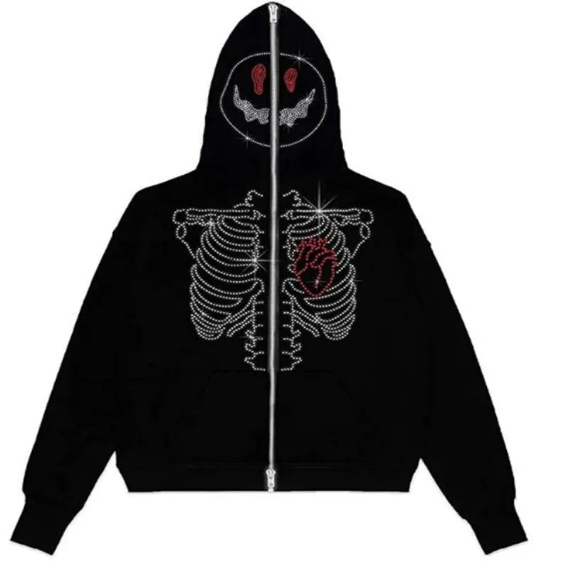 Y2K Rhinestone Cobweb Zip Up Oversized Sweatshirt 2022 Autumn Goth Hoodie Men Women Grunge Hooded Jacket Streetwear Y2K Clothing nz649