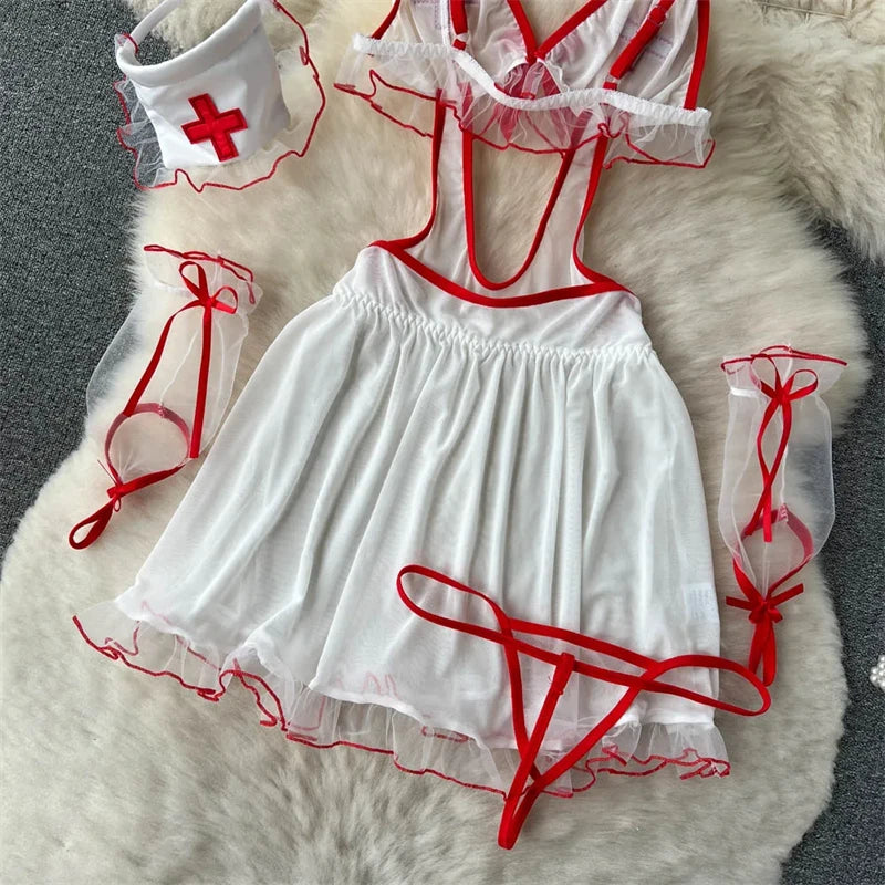 Sexy Cosplay Nurse Uniform Erotic Lingerie Babydoll Dress Flirting Underwear Women Clothes Costume 5 Piece Jumpsuit Dresses