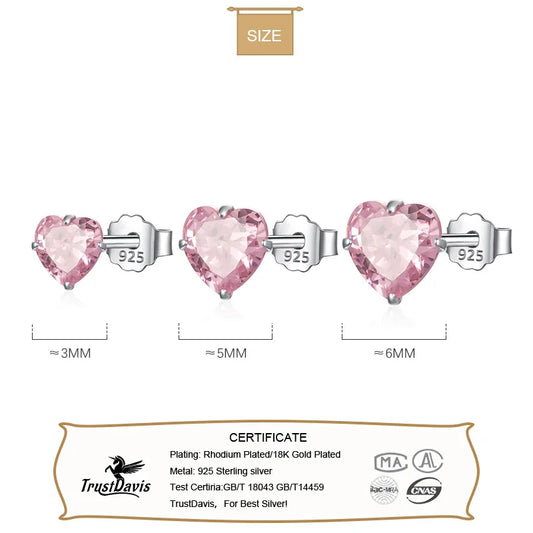 TrustDavis Real 925 Sterling Silver Earrings Cute Pink Heart Charm Shiny CZ Stud Earrings for Women Kids Teen Jewelry DS3731