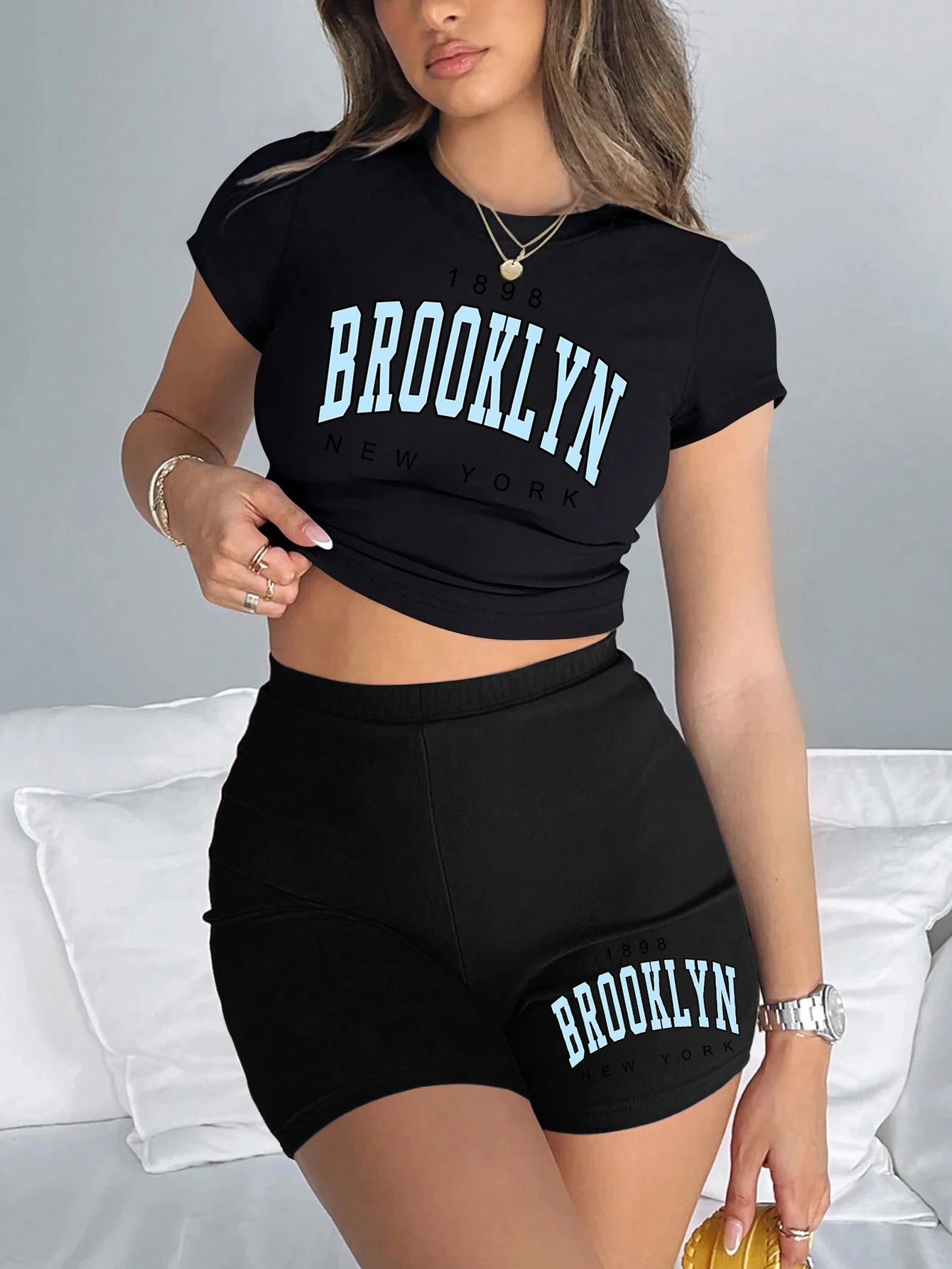 1898 Brooklyn New York Print Summer Women Slim T-Shirts & Pants 2 Pieces Set Crop Tops Trend High Elastic Fashion Casual Clothes Black-Black