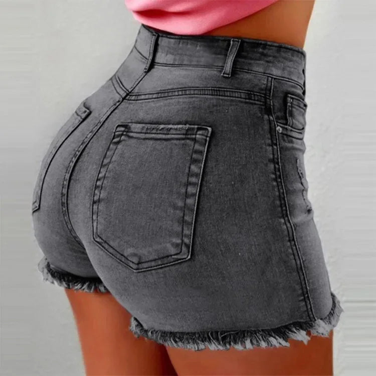 High Waist Hot Pants Women's Jeans Available in Multiple Colors Women's Denim Stretch Shorts Stretch Tassel Distressed grey
