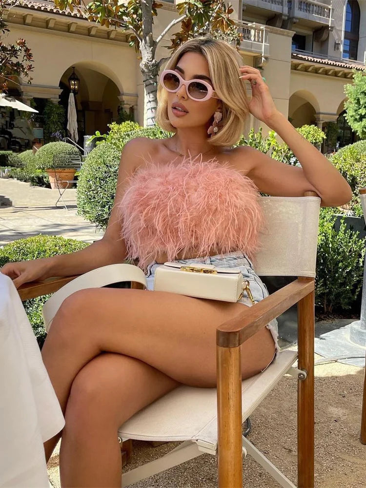 WESAYNB Wholesale Clothing Summer y2k Clothes Sexy Corset Tops Feather Strapless White Crop Tops Women 2022 Backless Design Top Pink