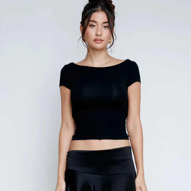 O Neck Short Sleeve Backless Ruched Crop Top Women'S Tshirt Y2K Streetwear Summer Spring Dropshipping Casual Clothing