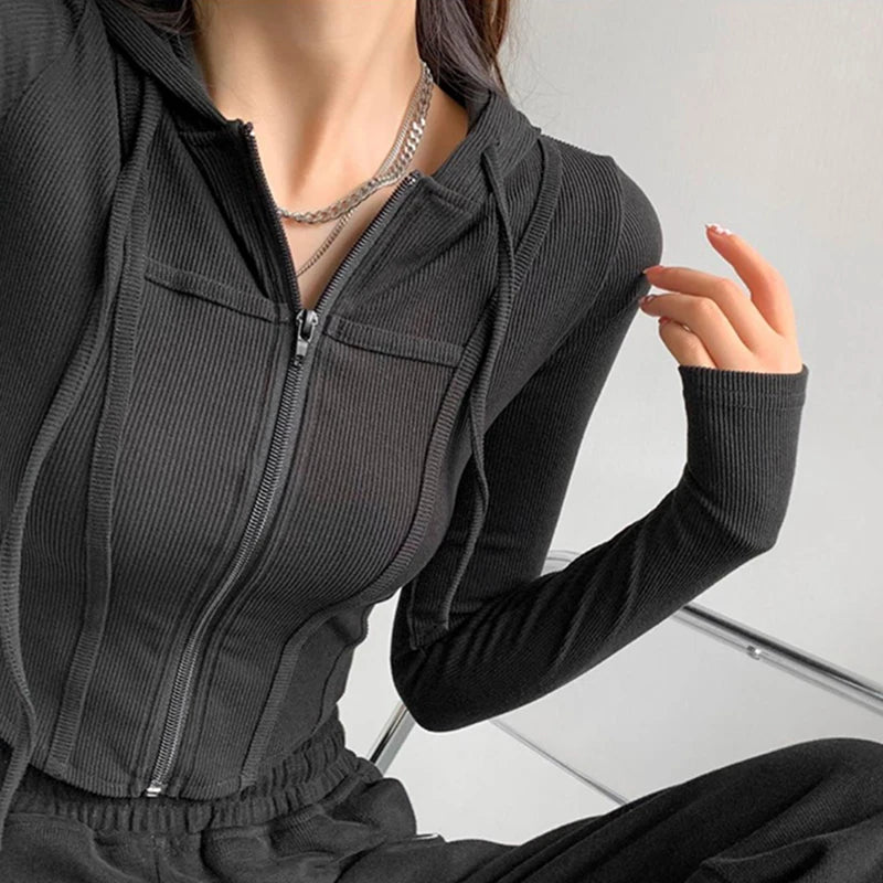 Thin Hooded Cardigan Women Korean Vintage Slim Summer Solid Sports Jacket Vertical Pit Stripe Zipper Female Sexy Cropped Tops black