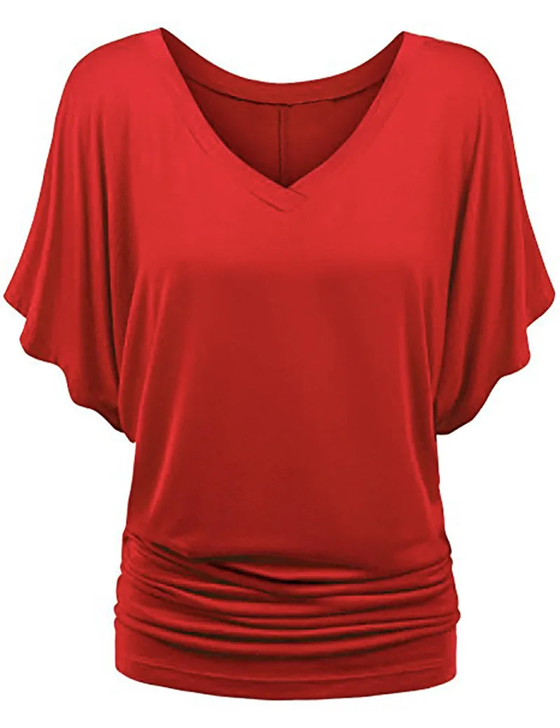Women V Neck Short Sleeve Pleated Loose T-shirts Summer Lady Batwing Sleeve Oversized S-5XL Tee Shirt Tops OUYMFZ-A1375 Red