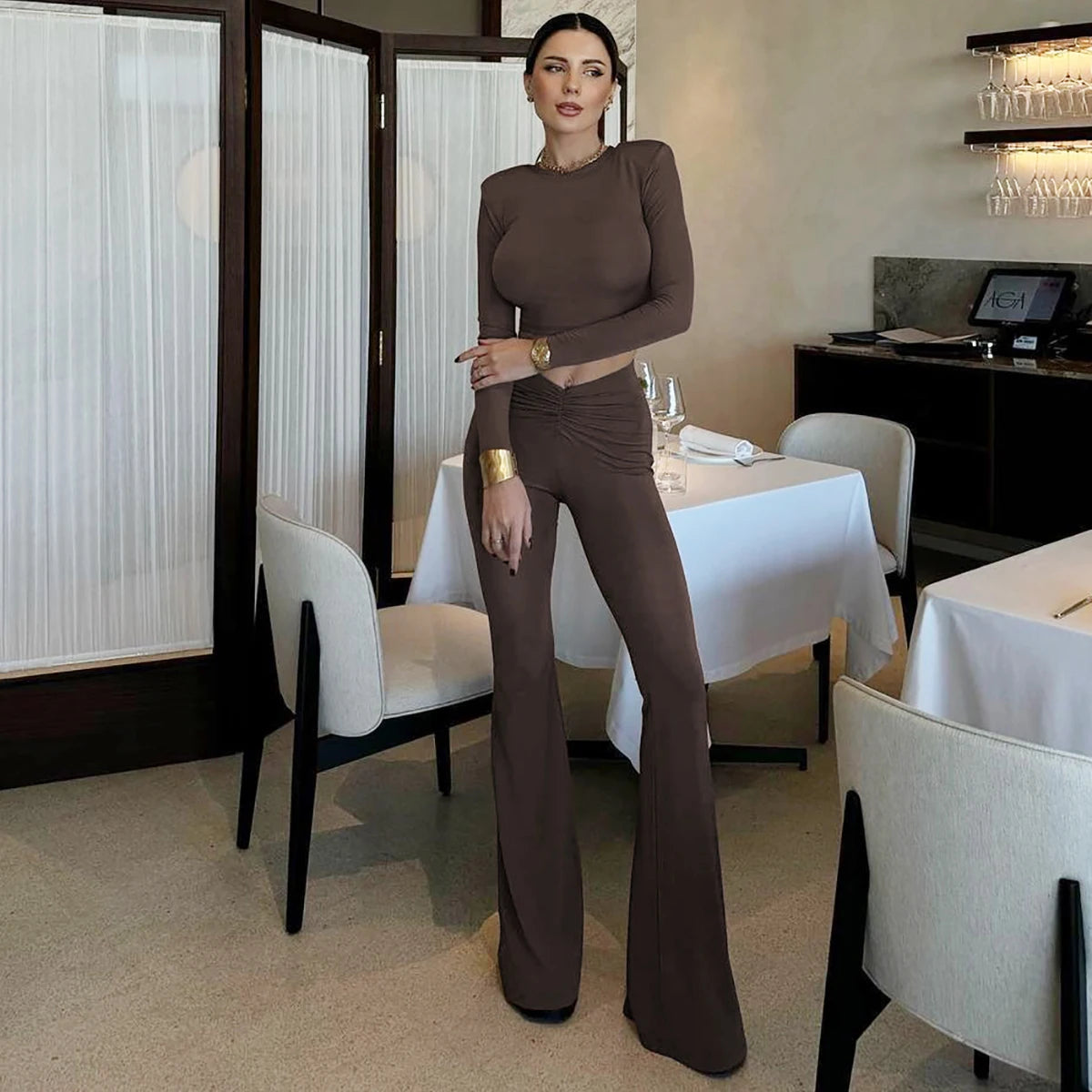 Hawthaw Women 2024 Spring Autumn Long Sleeve Crop Tops Long Pants Two Piece Matching Sets Outfits Wholesale Items For Business