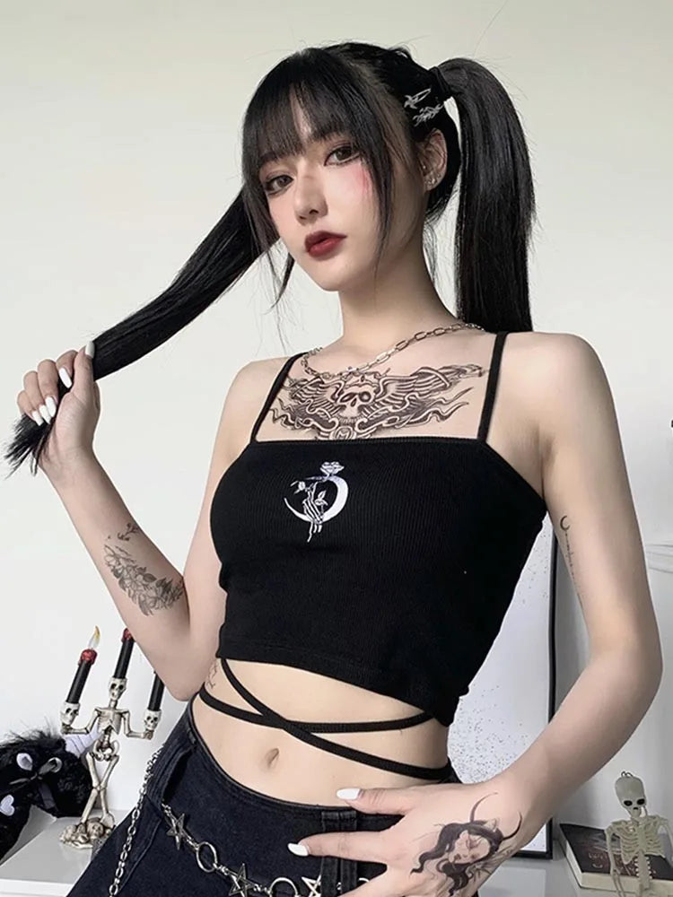 Gothic Women's Print Suspender Sleeveless Square Neck Slim Crop Top Sexy Halter Bottoming Shirt Girls Party Wear