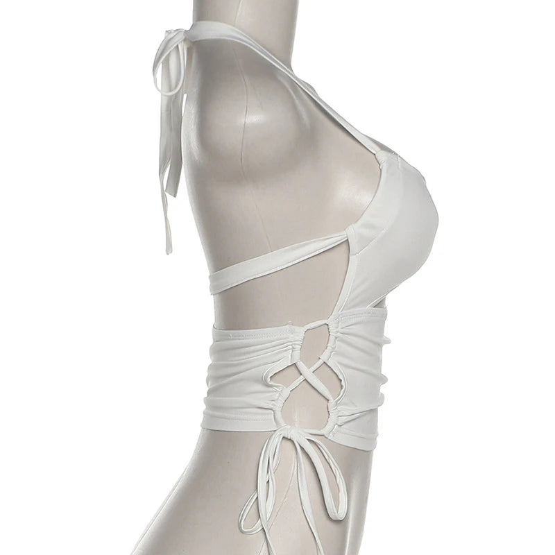 Y2K Sexy Backless Summer Crop Top Women Hollow Out White Sleeveless Bandage Halter Tank Tops Streetwear Cami 90s