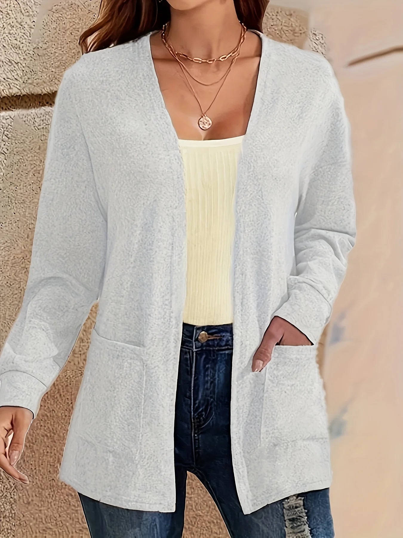 Autumn chic casual solid color pocket thin plus size women's jacket cardigan WHITE