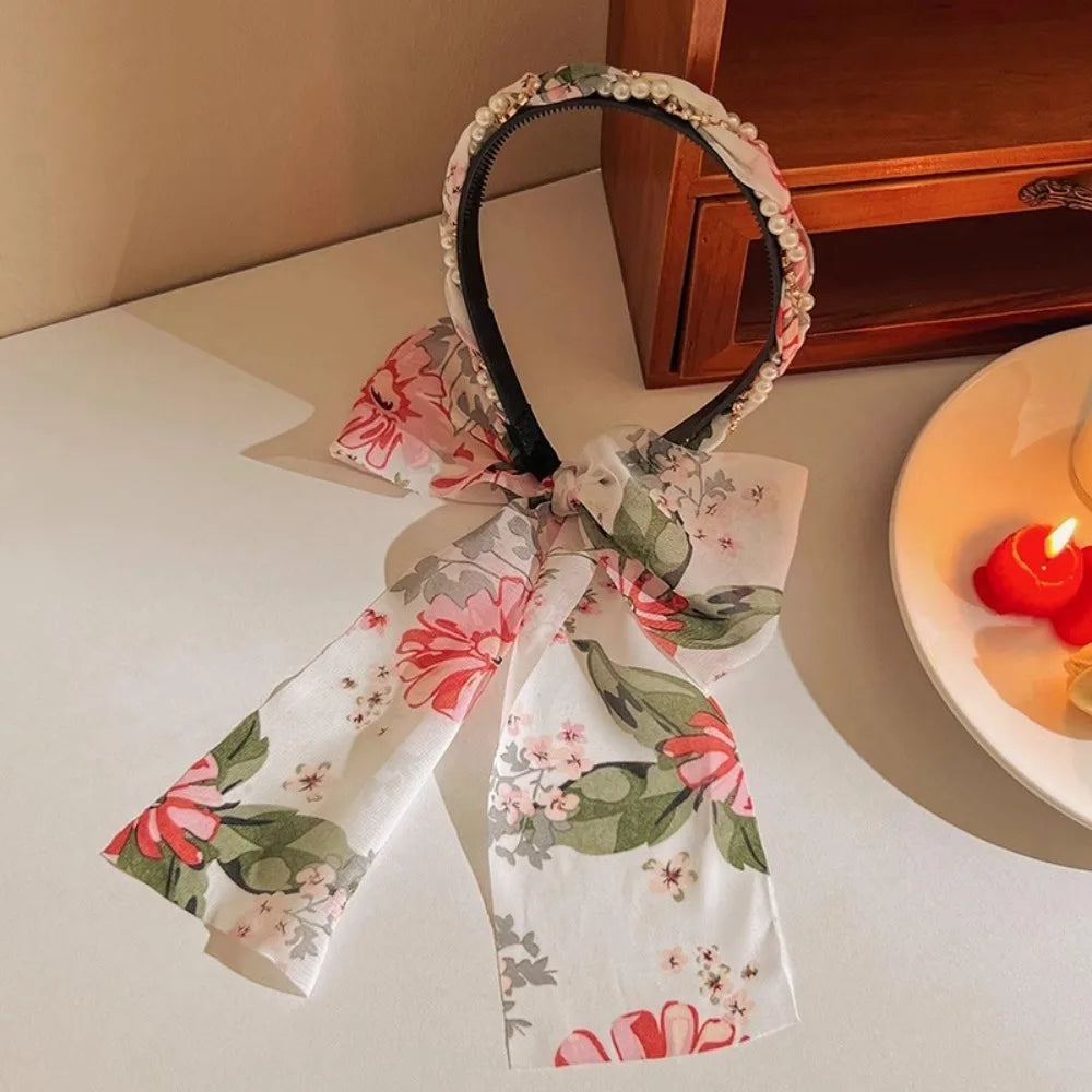 Retro Silk Scarf Headband Floral Print Pearl Braided Hairband Adjustable Bow Non Slip Ribbon Hairband for Women Girls Kid Style 8